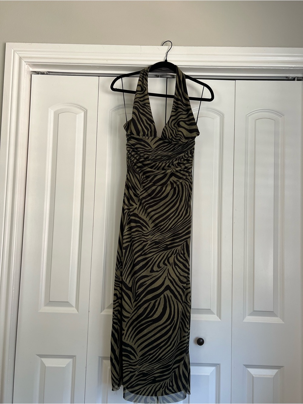 Zara Green Black Animal Print Halter Maxi Dress M